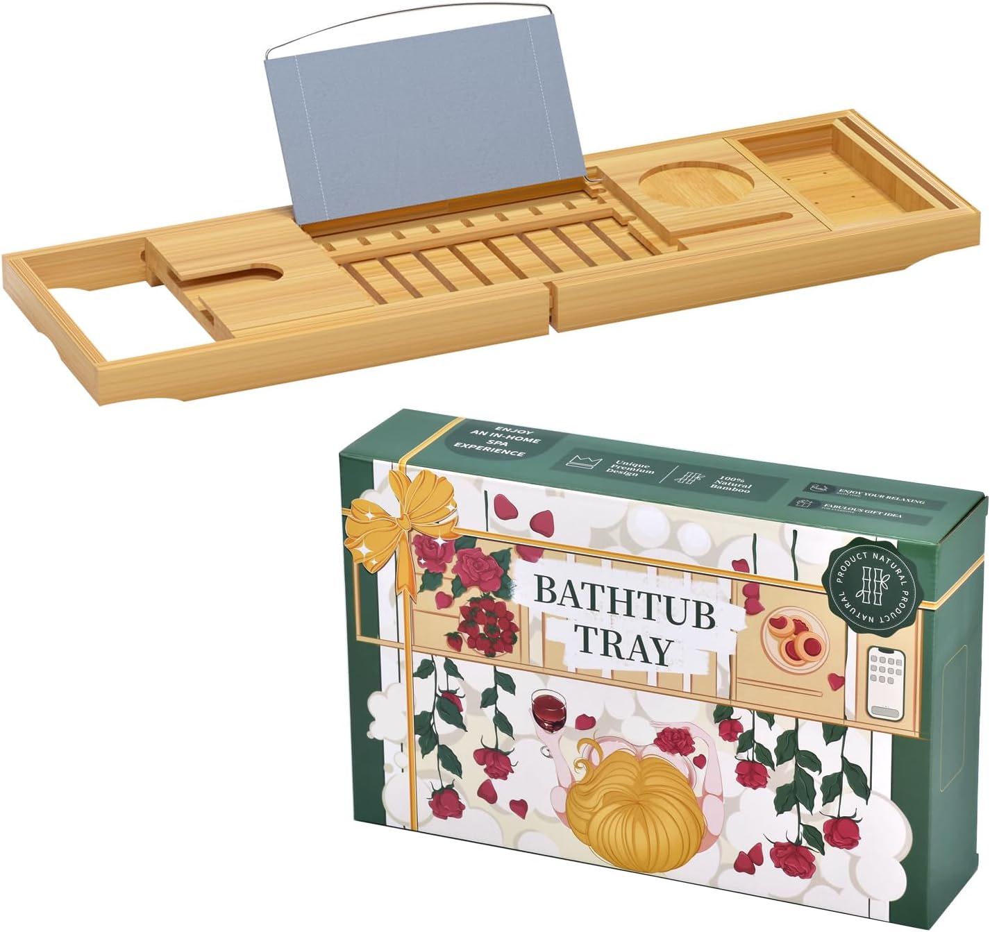 Sen Yi Bao Bamboo Luxury Bathtub Caddy Tray - Expandable Wood Bath Tray with Integrated Tablet, Smartphone, Wine Holder