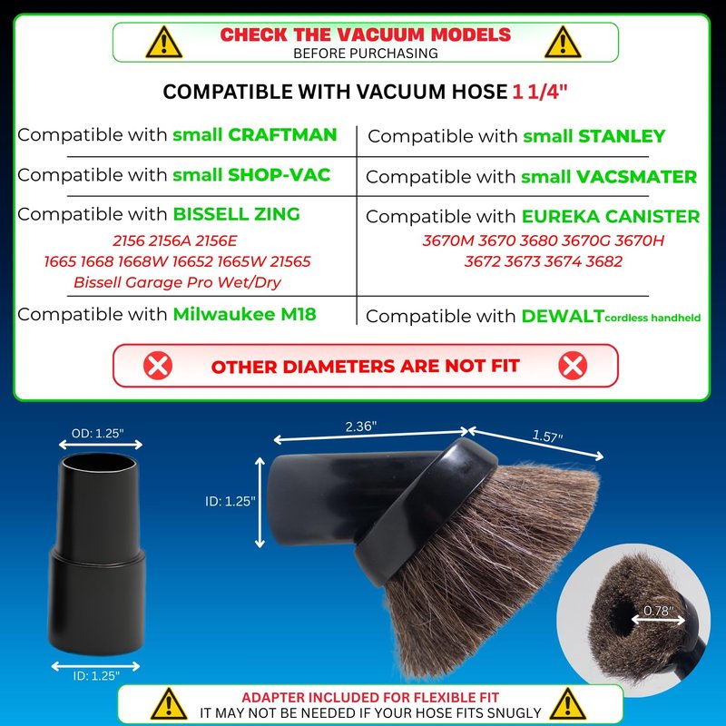 1.25 Inch Horse Hair Vacuum Brush Attachment & 2-1/4'' to 1 1/4'' Vacuum Adapter for Shop Vacs - Premium Soft Horsehair Round Dust Brush: Perfect for Vacuuming Sofas, Furniture Surface and Baseboards