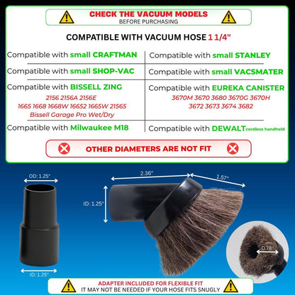 1.25 Inch Horse Hair Vacuum Brush Attachment & 2-1/4'' to 1 1/4'' Vacuum Adapter for Shop Vacs - Premium Soft Horsehair Round Dust Brush: Perfect for Vacuuming Sofas, Furniture Surface and Baseboards