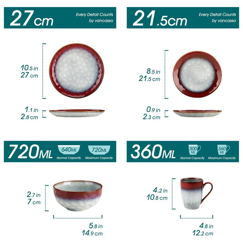 vancasso Starry 16 Pieces Dinnerware Set for 4, Handmade Reactive Glaze Stoneware Plates and Bowls Set, Dishes Set with Mugs for 4, Microwave & Dishwasher Safe, Red