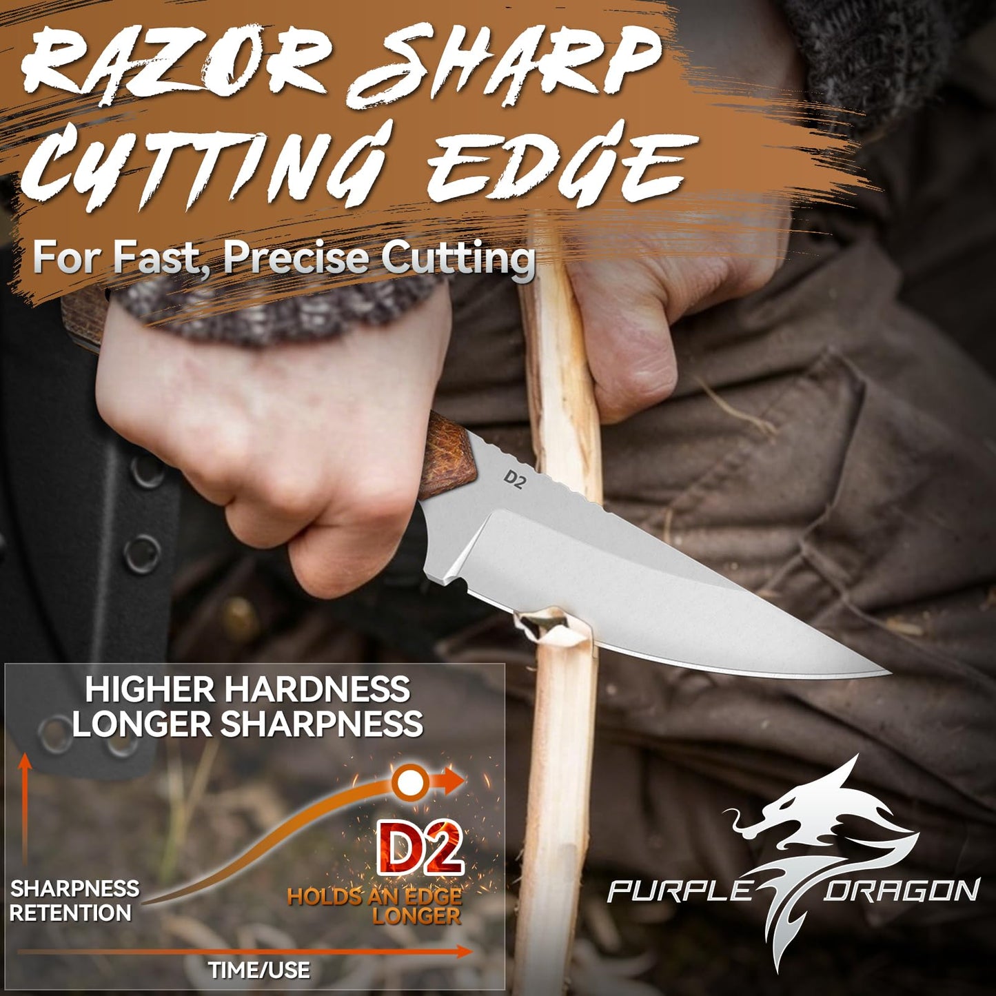 Purple Dragon Fixed Blade Knife with Sheath - D2 Steel Survival Knives with G10 Handle - Full Tang EDC Knife for Outdoor Bushcraft, Hiking - Fathers' Day Gift Idea - Brown