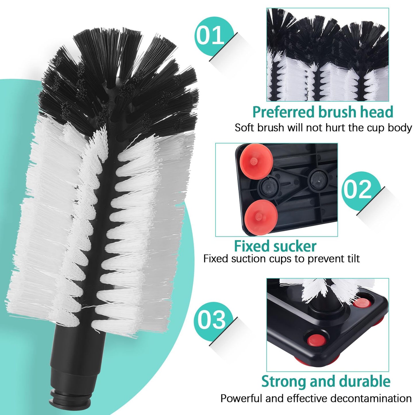 Havawish 1 Pack Water Bottle Cleaning Brush with Suction Base, 3 Head Bristle Bar Glass Washer for Sink, Cup Washer Brush Cleaner for Bar Beer Cup, Wine Glass(7.3 x 3.7 x 7.5)