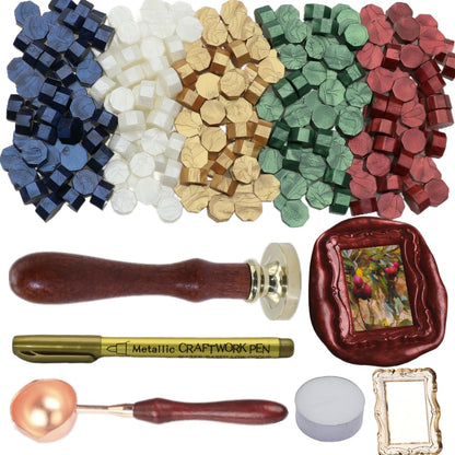 3D Embossed Frame Wax Seal Stamp, Frame Relief Carving Sealing Stamp Set with 150Pcs Green Red White Gold Blue Sealing Wax Beads in 5 Color, Melt Spoon Pen Kit for Wedding and Christmas (KM03)
