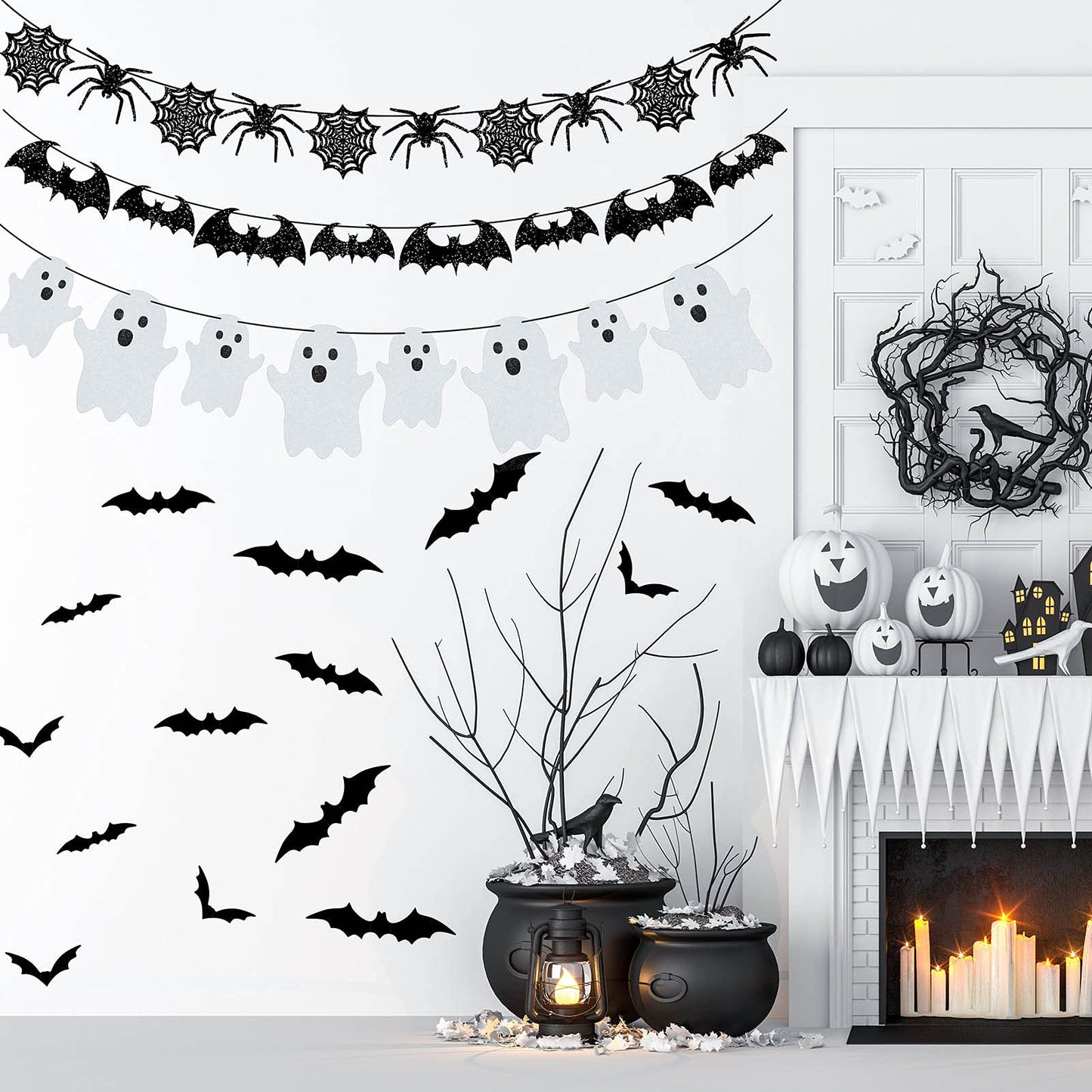 39 Pieces Halloween Decorations Black Glittery Bat Banner Spider Ghost Garland 3D Bat Wall Stickers for Halloween Party Haunted House Decoration Indoor Outdoor Mantel Supplies