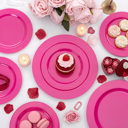 FLOWERCAT 60PCS Hot Pink Disposable Party Plates Set – 30 pcs 10.25″ Dinner Plates & 30 pcs 7.5″ Dessert Plates for Spring Parties, Valentine’s Day, Wedding – Sturdy & Stylish Tableware