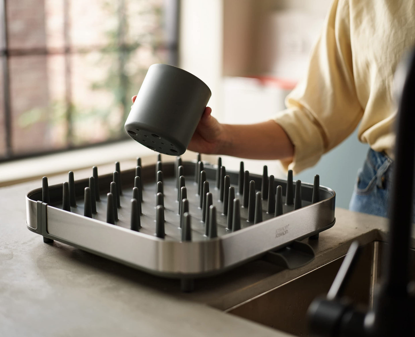Joseph Joseph Expanding Dish Drying Rack with Removable Silverware Holder, Draining Spout, Stainless-Steel