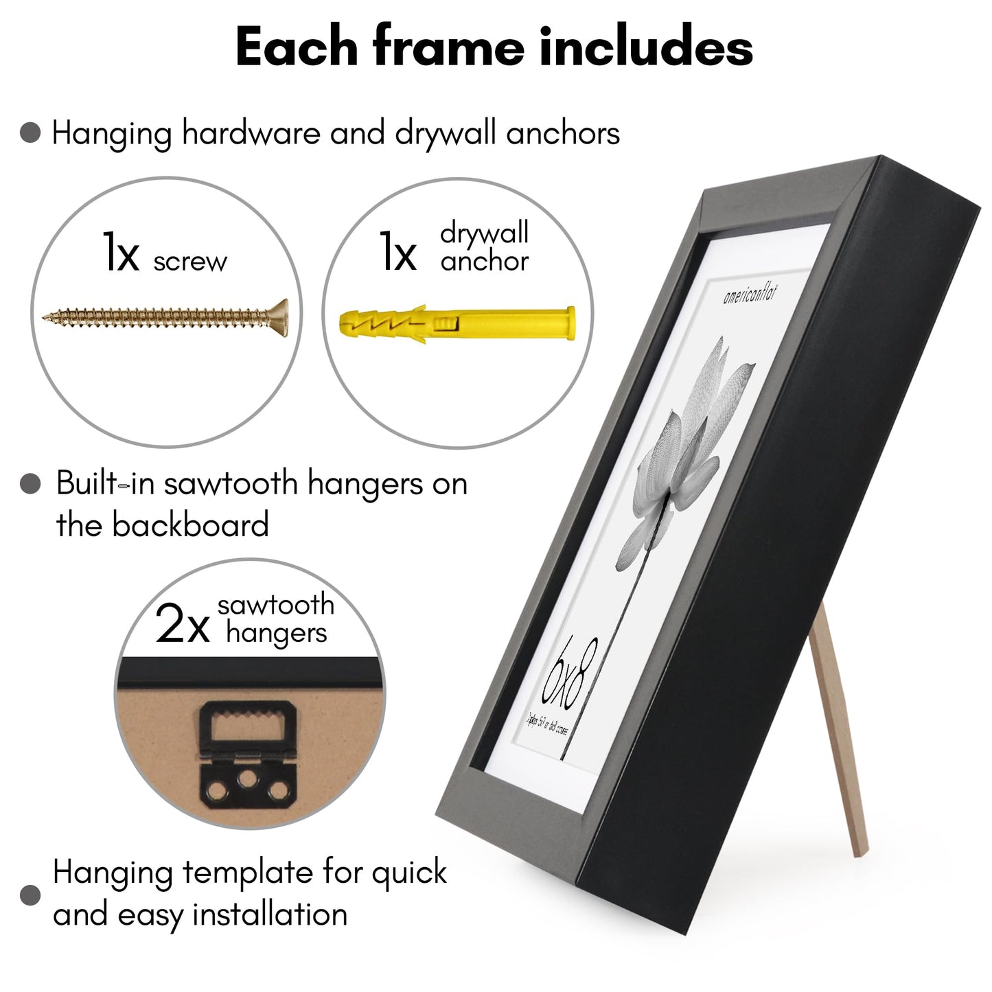 Americanflat 6x8 Picture Frame with Shatter-Resistant Glass - Use as 5x7 Frame with Mat or Display 6x8 Photo Without Mat - Soho Collection - Deep Molding Picture Frames for Tabletop or Wall - Black