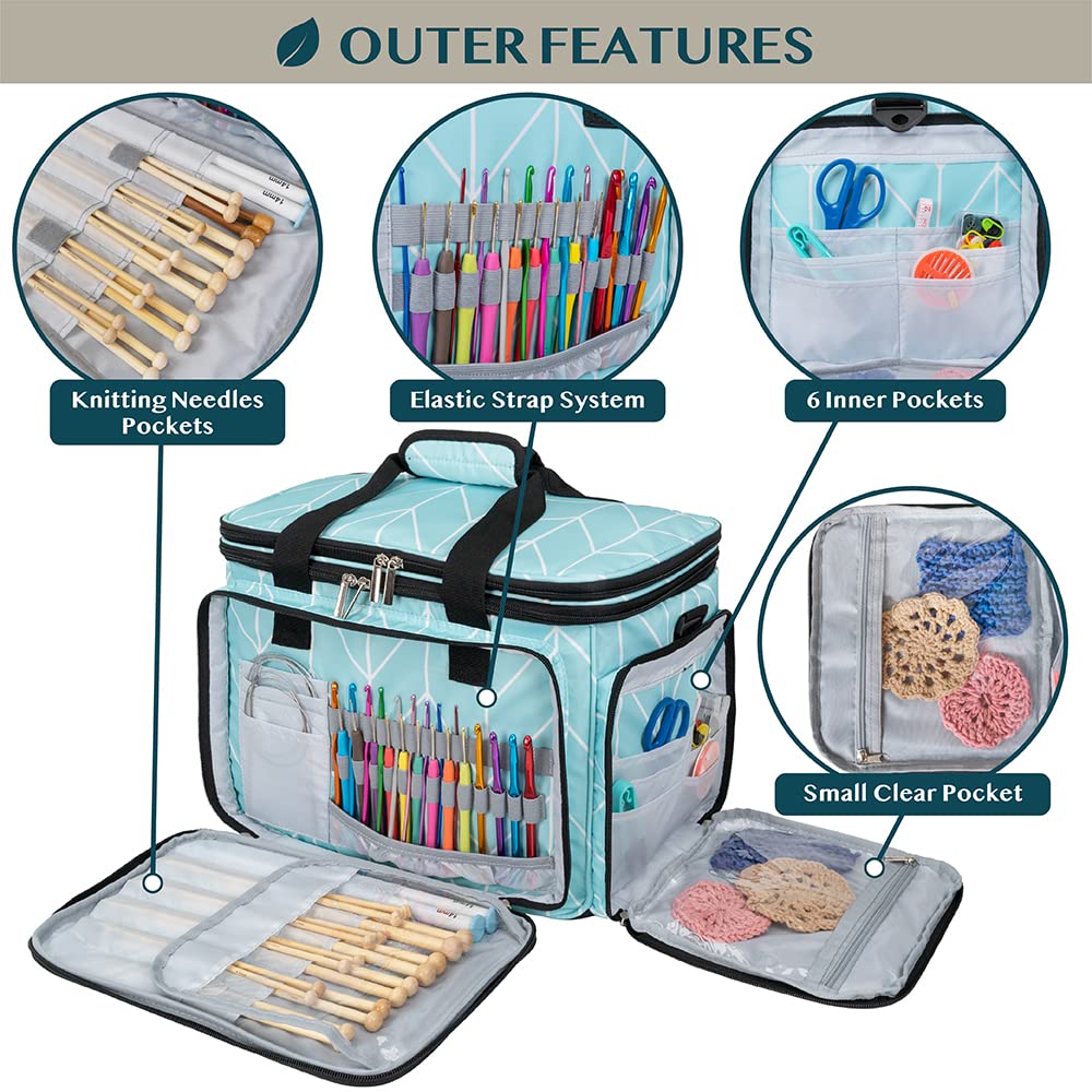 PAVILIA Knitting Bag Yarn Storage Tote, Large Crochet Organizer Bag, Yarn Storage Holder for Crocheting Knitter, Knitting Project Bag, Crochet Accessories Set, Gifts For Crochet Lovers, Chevron Teal
