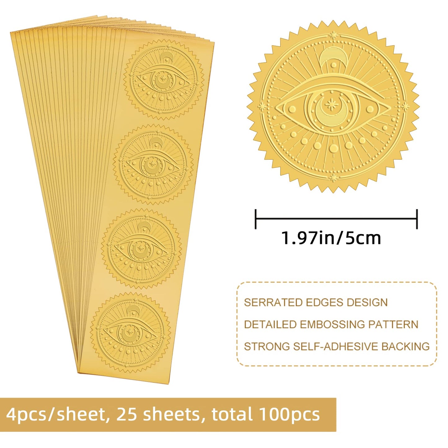 CRASPIRE 2 Inch Gold Embossed Envelope Seals Stickers Evil Eye 100pcs Round Adhesive Embossed Foil Seals Stickers Envelope Label for Wedding Invitations Party Gift Packaging Greeting Card