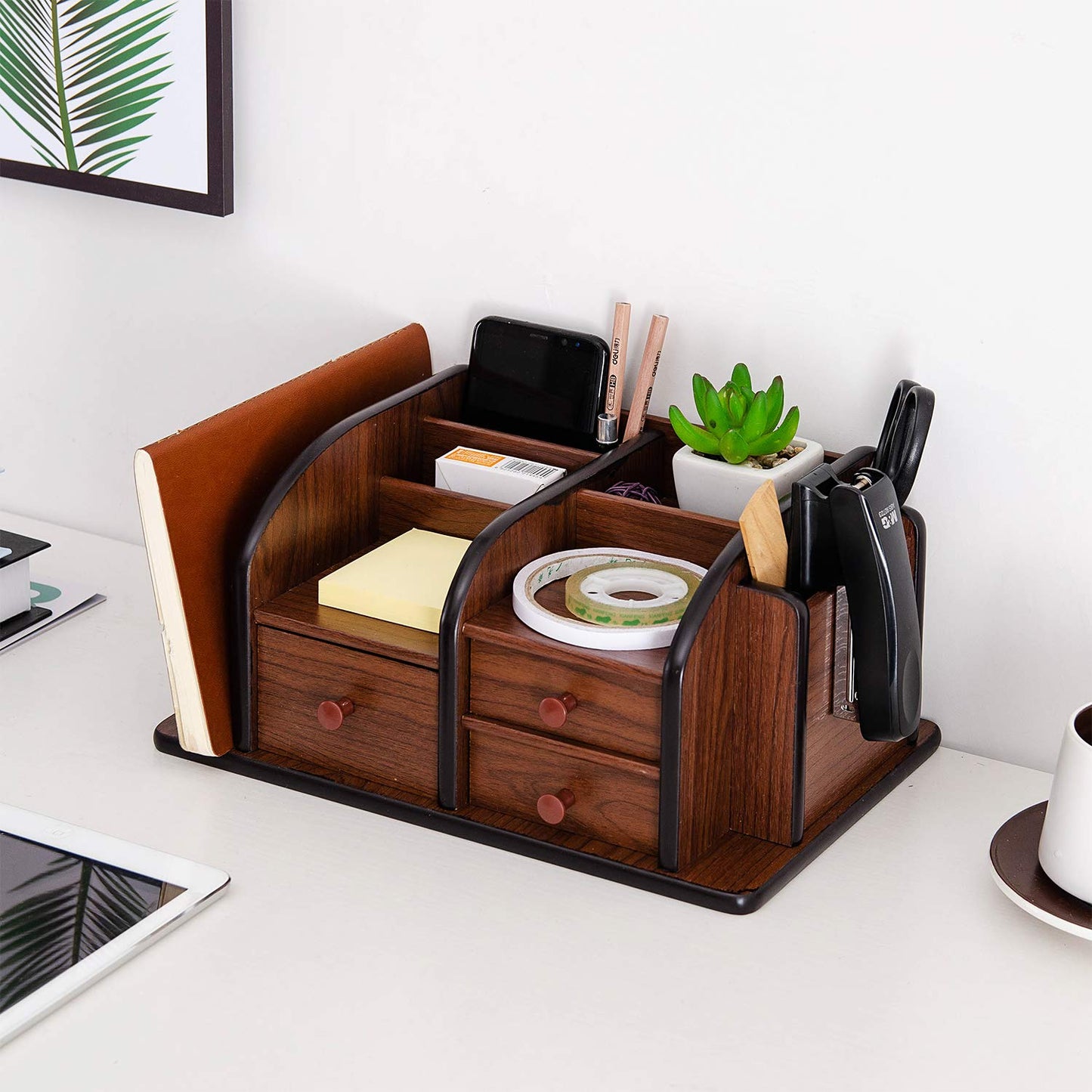 Liry Products Brown Wooden Desk Organizer Multiple Compartments 3 Drawers Slots 2 Shelves Racks Holder Office Supplies Caddy Tabletop Storage Desktop Stationery Accessory Sorter Home Kitchen