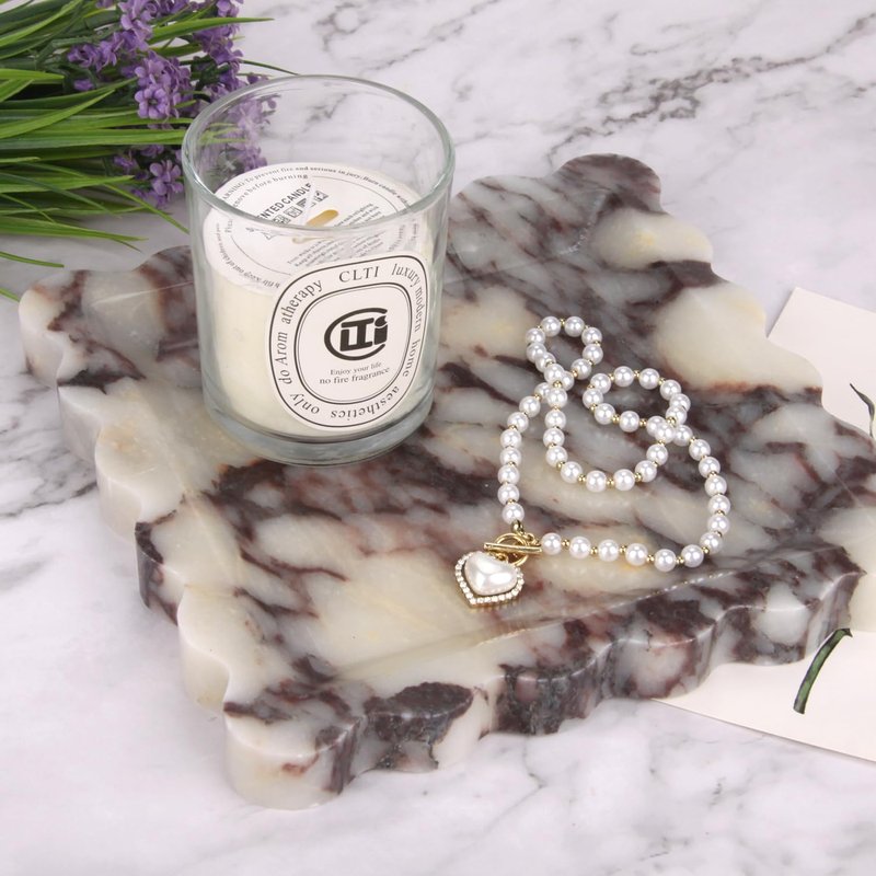 Square Marble Decorative Tray with Scalloped Edge,Luxury Natural Calcutta Stone Bathroom Vanity Tray, Dresser Top Perfume Coffee Home Sink Tray, Key Trinket Ring (Turkey Calacatta Viola, 8 * 8)
