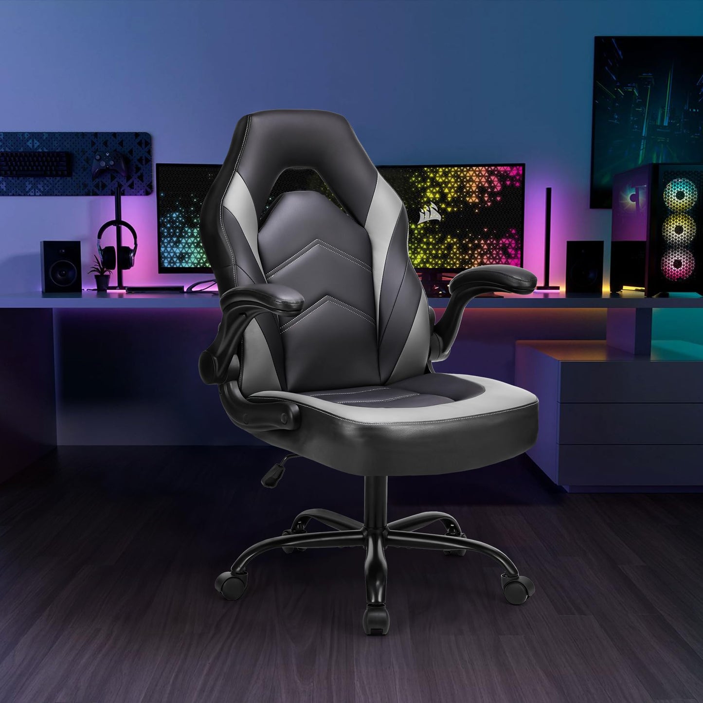 OLIXIS Big and Tall Office Desk Leather Gaming Computer Chair with Adjustable Swivel Task and Flip-up Arms for Adults, Teens, Grey