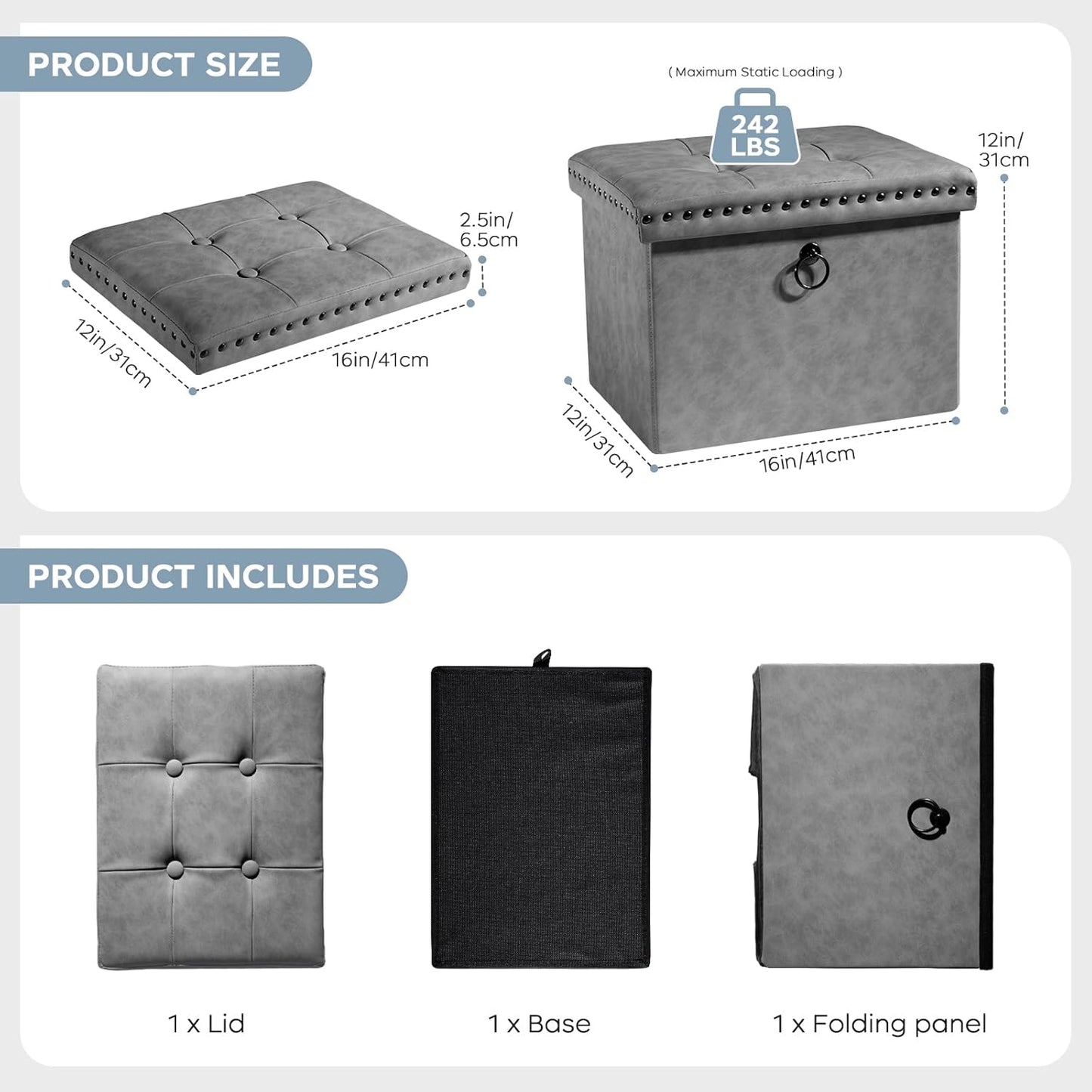 16x12x12 inches, 242 lb, oakvivo Storage Ottoman Cube Small Faux Leather Tuffed Foot Rest Stool with Rivet Design