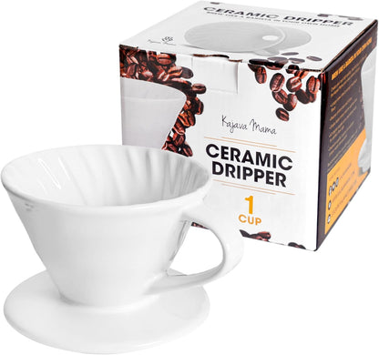 Ceramic Pour Over Coffee Dripper - Slow Brewing Accessories for Home, Cafe, Restaurants - 1 Cup Size, White