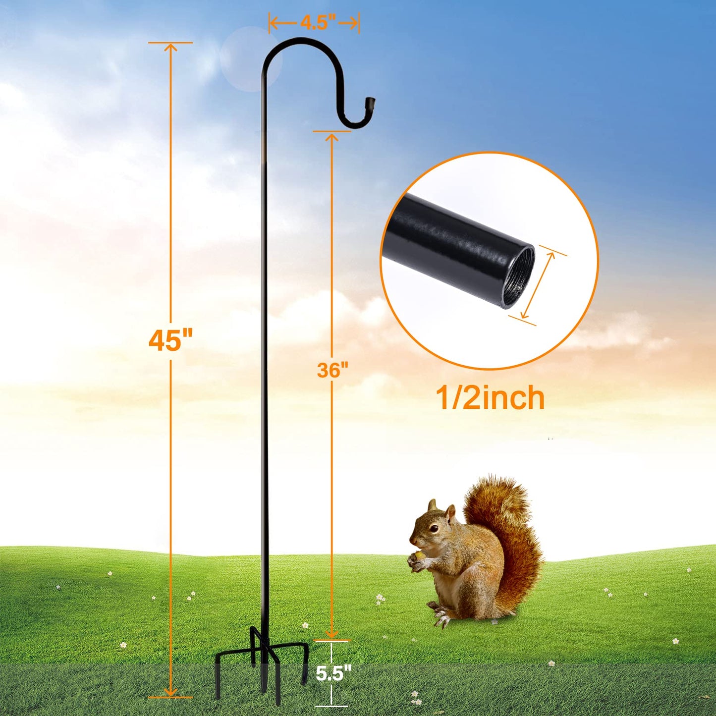 Ottsuls Bird Feeder Pole, 45 INCH Heavy Duty Shepherds Hooks for Outdoor with 5 Prong Base, Adjustable Stand Hanger for Garden Plant, Hummingbird Feeder, Lantern, Hanging Wedding Decor (1 Pack)