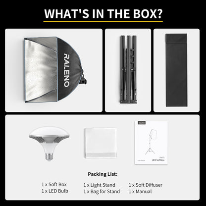 RALENO Softbox Photography Lighting Kit, 16'' x 16'' Softbox Lighting for TikTok with LED Bulb (50W | 5500K | 97 CRI | TLCI≥97), Continuous Lighting for Video Recording & Photography Shooting