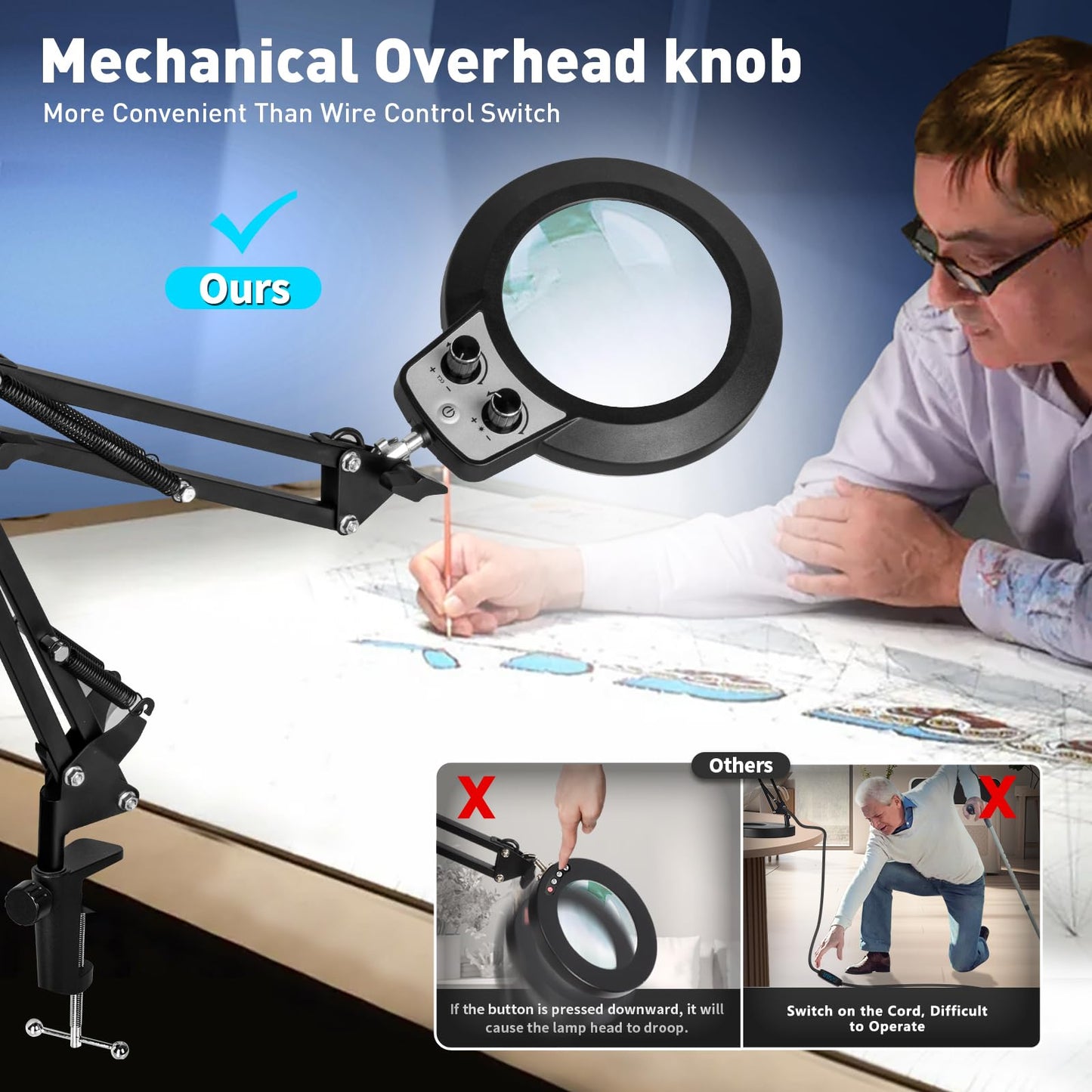 KIRKAS 12X Magnifying Glass with Light and Stand, Overhead Knob Magnifying Lamp for Workbench Craft, Sewing, LED Lighted Magnifier Real Glass Lens Adjust Arm Stepless Dimming and Color(22in Clamp)