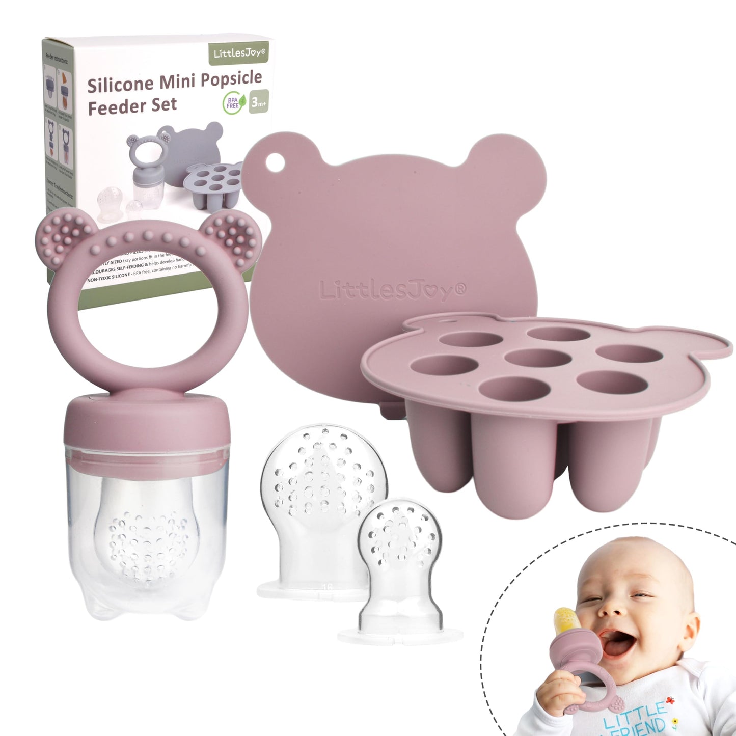 LittlesJoy Silicone Baby Fruit Feeder & Freezer Tray Set, Baby Breast Milk Popsicle Mold for purees, Baby Teething Relief for Toddler BPA Free for 3 Month+, Additional Silicone Pouches (Dusty Lilac)