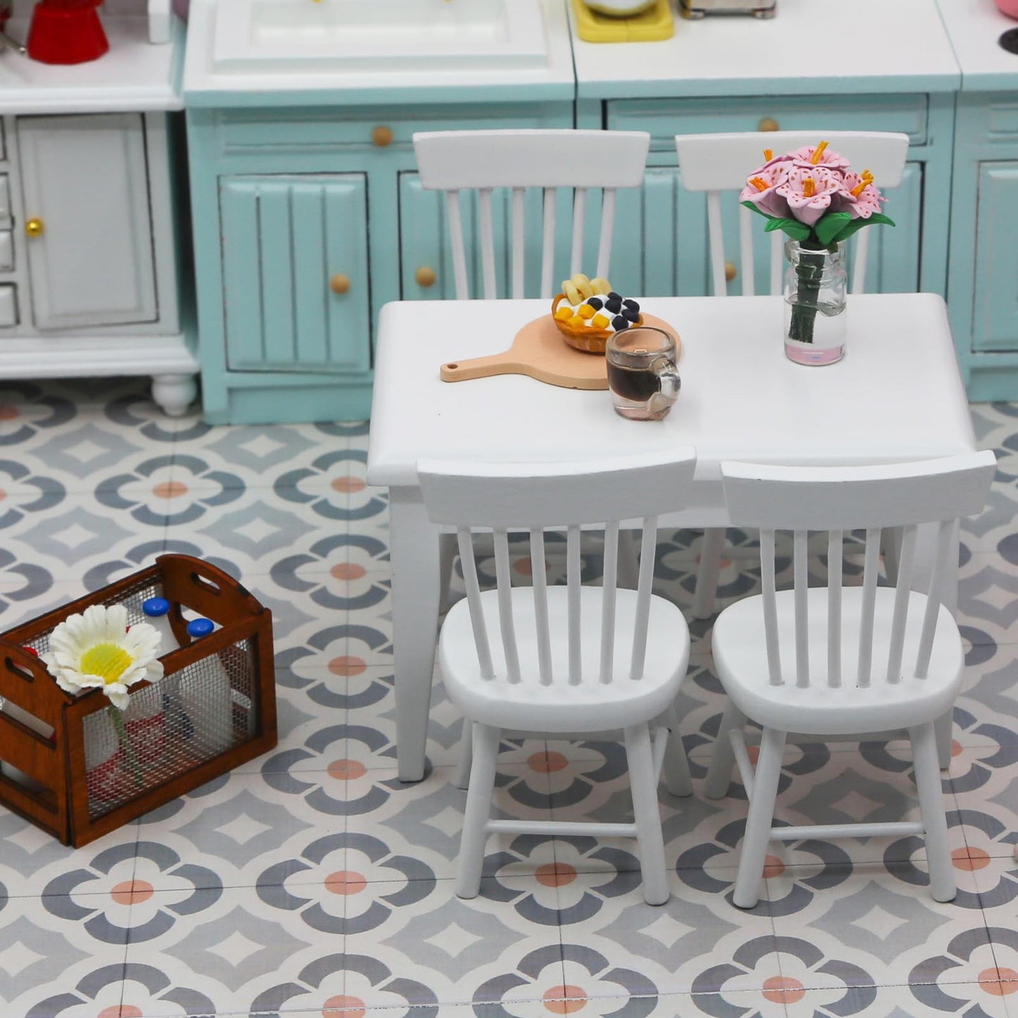 Minamzee 1/12 Dollhouse Table Chair Set, 17pcs Wooden Miniature Kitchen Furniture Set with Breakfast Accessories for Dining Room