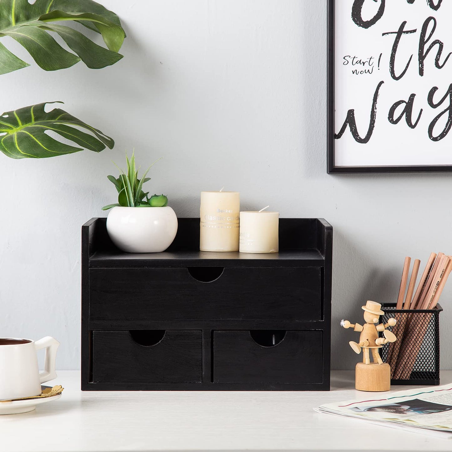 Rustic Distressed white 3-Tier Wood Desk Organizer with 3 Drawers Mini Storage Shelf For Desk, Toiletries Vanity Office Supplies (Black)