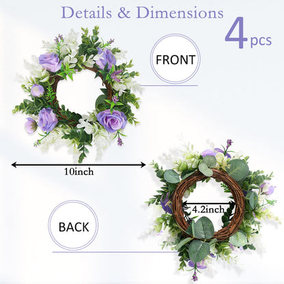 Acmee 4 Pcs Purple Rose Candle Rings - Artificial Floral Wreaths with Eucalyptus Leaves Greenery Flower Wreaths for Pillar Farmhouse Wedding Centerpiece Party Home Decor
