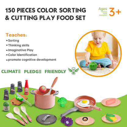 150Pcs Kitchen Playset, Toddlers Pretend Cooking Cookware Accessories, Food, Picnic Blanket, Fruits, Veges, 2Pack Shopping Storage Basket, Dessert and Prop Money, Gift for Kids (Pink)