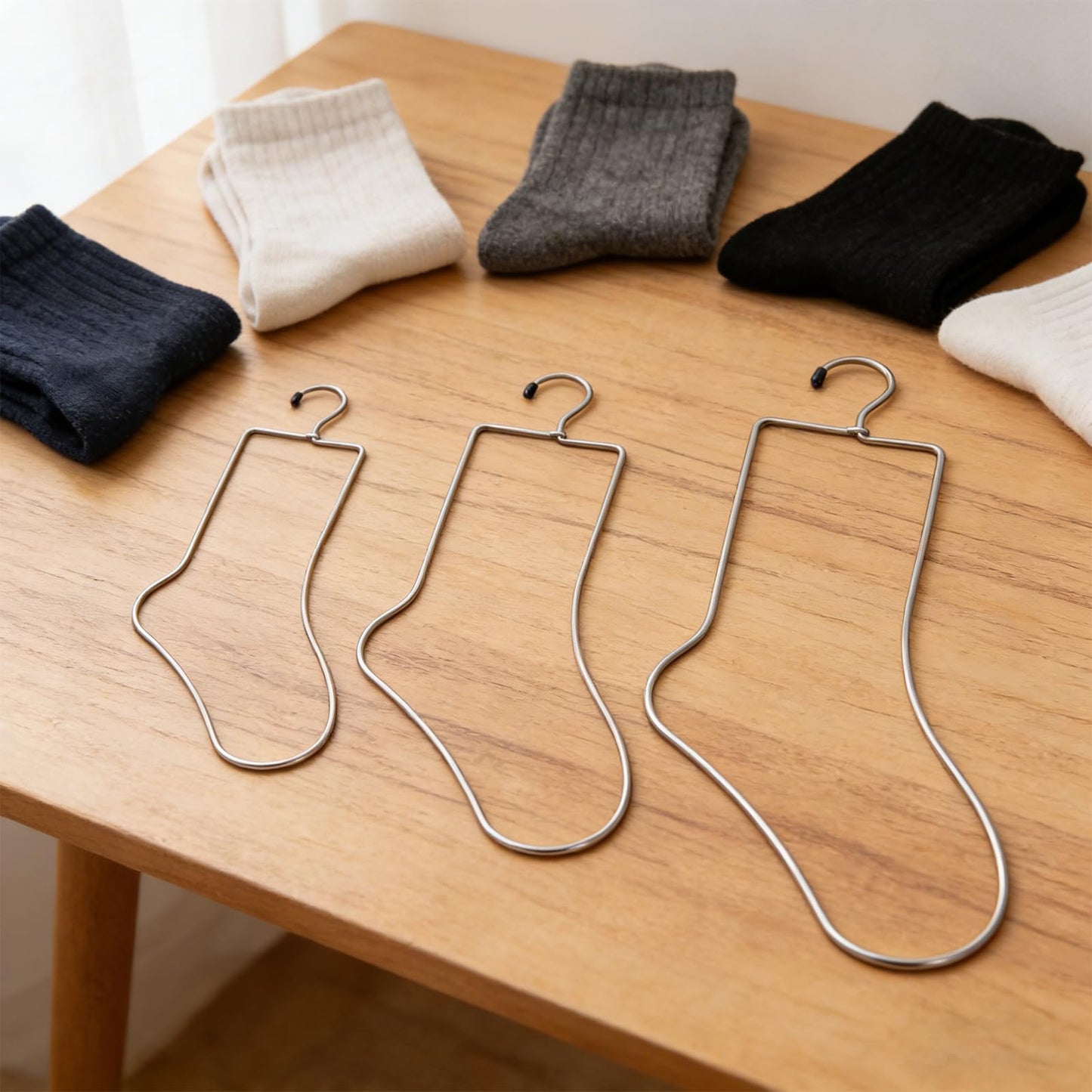 3 Pairs Metal Sock Blockers for Knitting - Stainless Steel Wire Sock Forms for Blocking, Drying & Display - Set of Small, Medium, Large Sizes (6 Pieces Total) with Hanger Hook