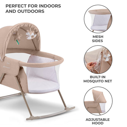 Kinderkraft LOVI Travel Bassinet for Baby, Portable Folding Baby Bed with Built-in Mosquito net, Adjustable Hood and an Additional Cradle Function, Beige