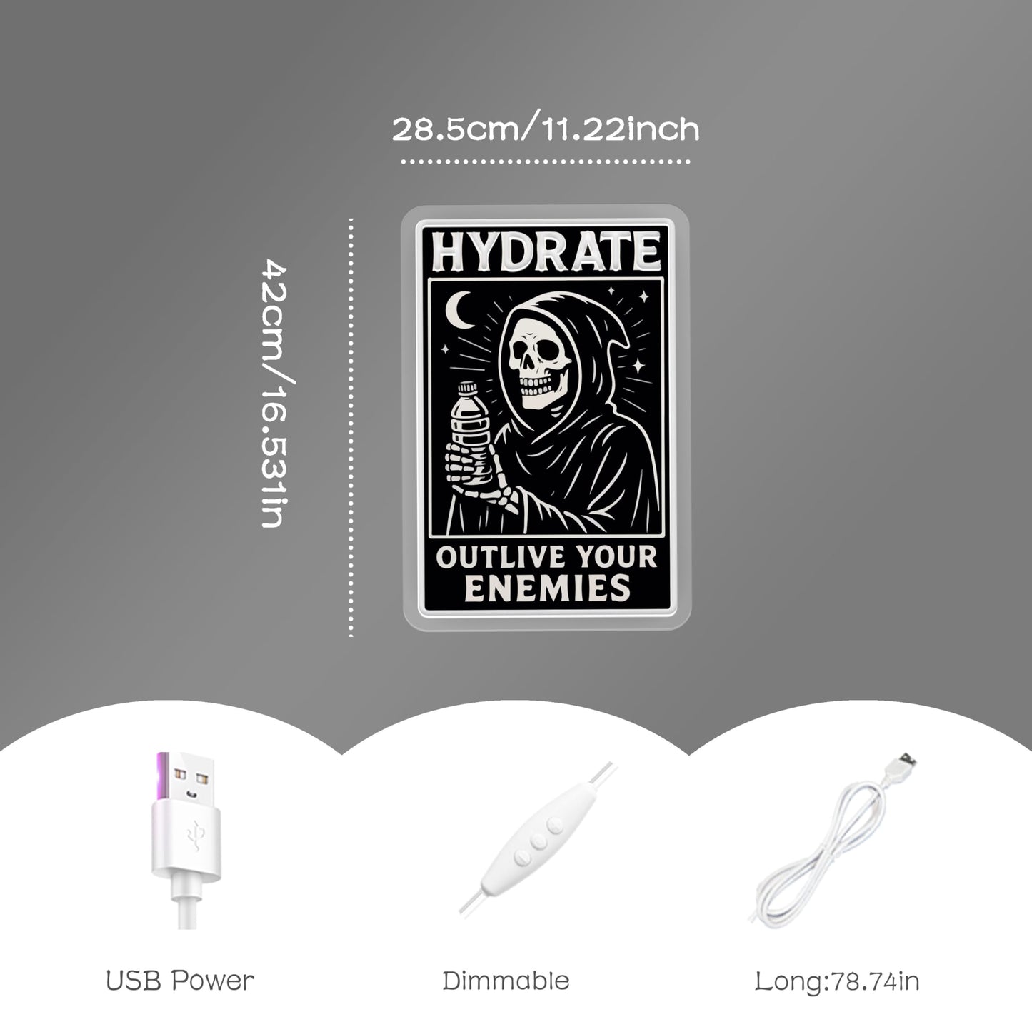 Grim Reaper "Hydrate" LED Neon Sign, Gothic Room Decor Aesthetic, Cool Neon Signs for Gaming Room, White Dimmable Acrylic Light with Printed Skeleton Art, 16.53x11.22"