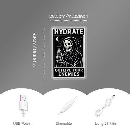 Grim Reaper "Hydrate" LED Neon Sign, Gothic Room Decor Aesthetic, Cool Neon Signs for Gaming Room, White Dimmable Acrylic Light with Printed Skeleton Art, 16.53x11.22"