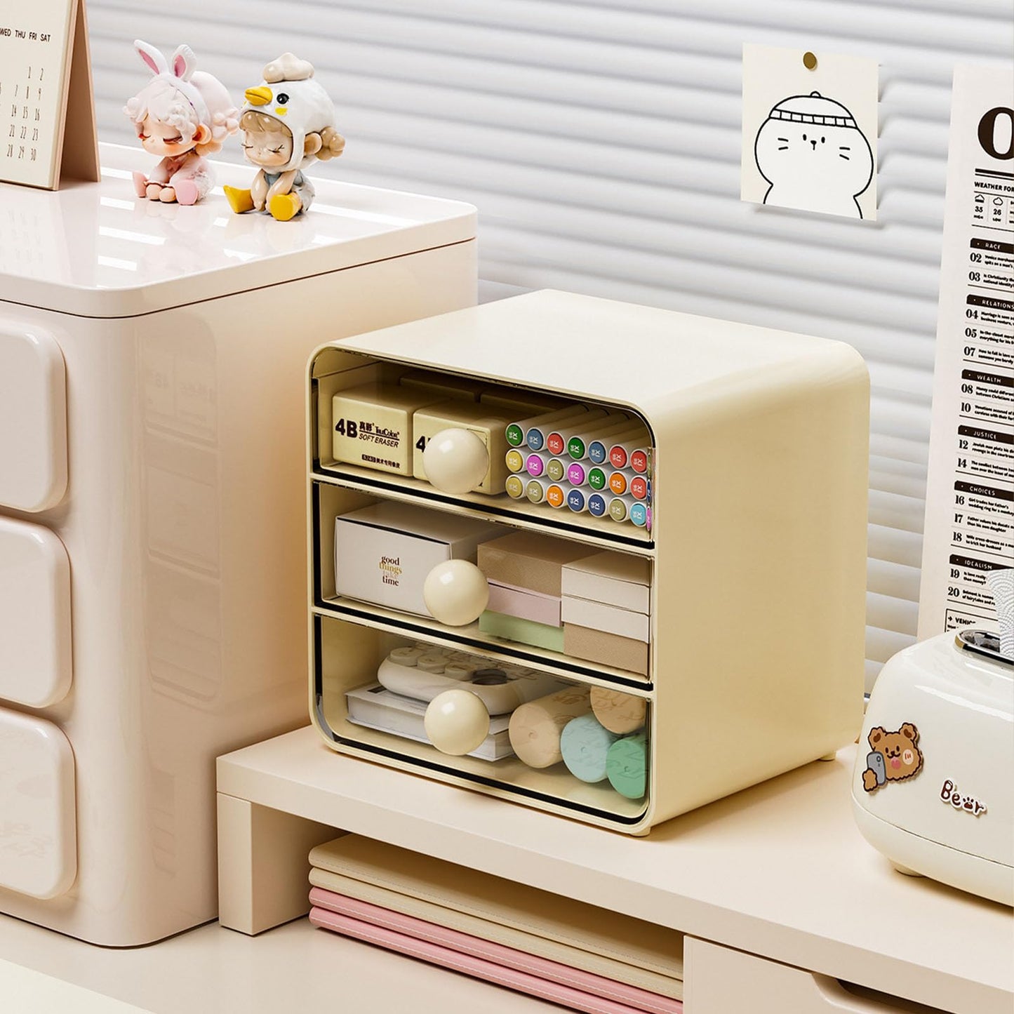 Aitoubil Desk Organizer with 3 Drawers,Plastic Desktop Storage Box for School,Home,Office Supplies,Makeup,Kitchen,Pencils,Chargers,Letter (Cream)