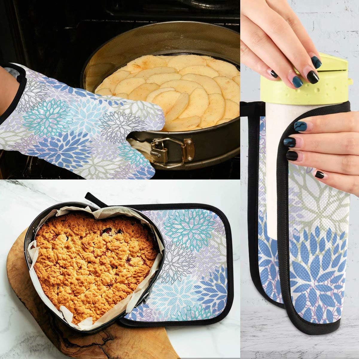 Dahlia Flower Oven Mitts and Pot Holders Set, Heat Resistant Non-Slip Daisy Sunflower Oven Gloves for Cooking Baking BBQ