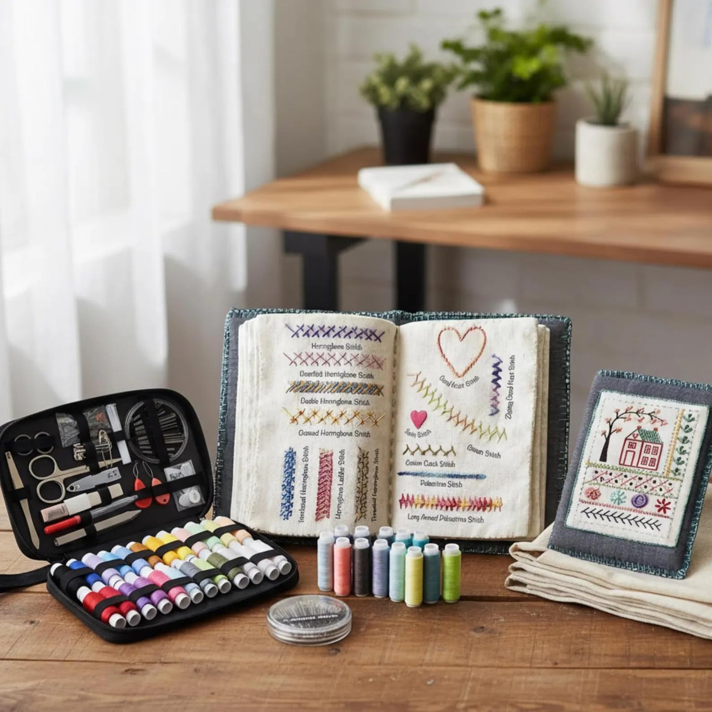 Embroidery Stitch Book Kit for Adults & DIY Craft Lovers,Portable Embroidery Kit for Beginners Enthusiasts,Includes Guide to 106 Patterns with Tools & Tutorials and 86-Piece Sewing Tool Kit(1 Set)