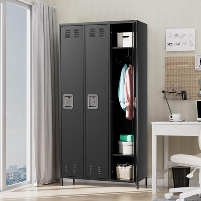 MERXENG Metal Storage Locker with 3 Doors, Metal Locker for Employees with 9 Hooks for Garage School Office Gym Home, Assembly Required, Black