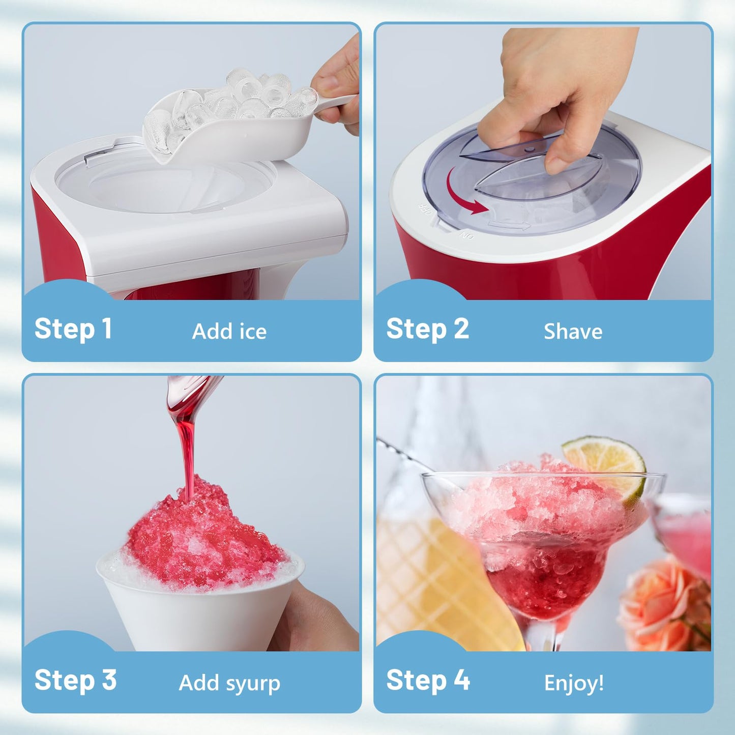 Shaved Ice Machine with 3 Reusable Plastic Cups, Table-Top Slushie Machine for Homemade Snow Cone, Snowballs, Frozen Cocktails and More, with Non-Slip Mat & Stainless Steel Blade