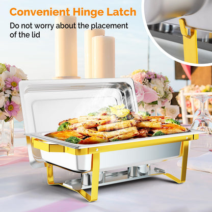 Bonnlo 8 Pack Chafing Dishes for Buffet, 9 Qt Stainless Steel Food Warmer Set with Lids, Rolled Edge Catering Chafer with Folding Frame for Wedding, Banquet, Party & Hotel Service, Silver & Gold