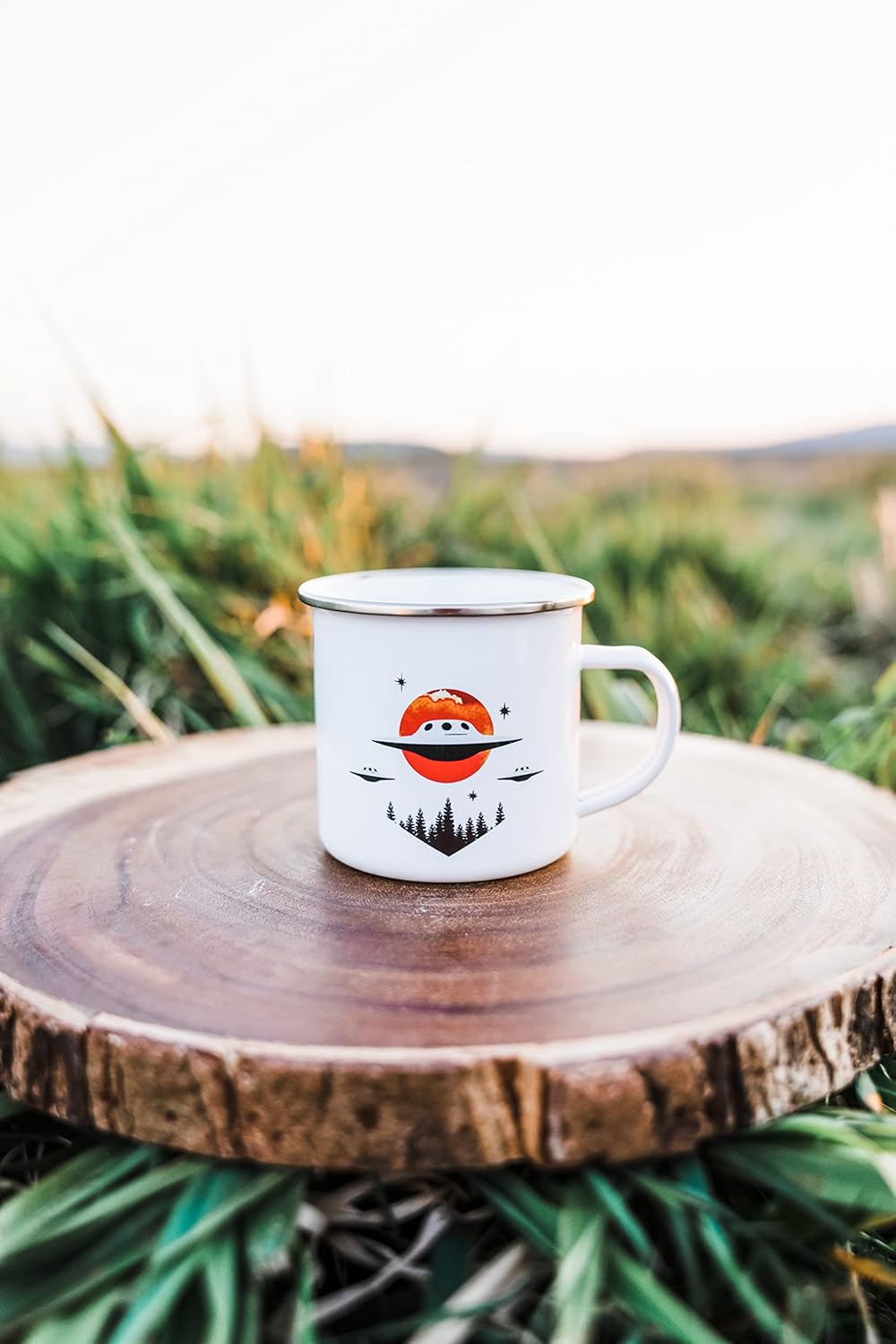 UFO Alien Extraterrestrial Enamel Campfire Mug, Outdoor Camping Coffee Cup, 12oz Gift for Camp Lovers