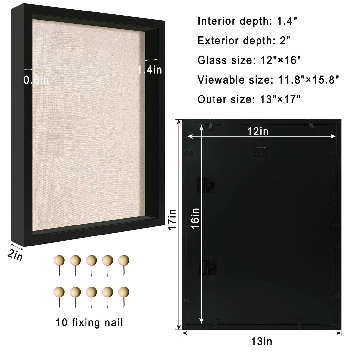 CCDCC 12x16 Large Shadow Box Picture Frame Display Case with Soft Linen Back, Black Wooden Memory Shadow Box Frame with Tempered Glass Cover for Wall Display
