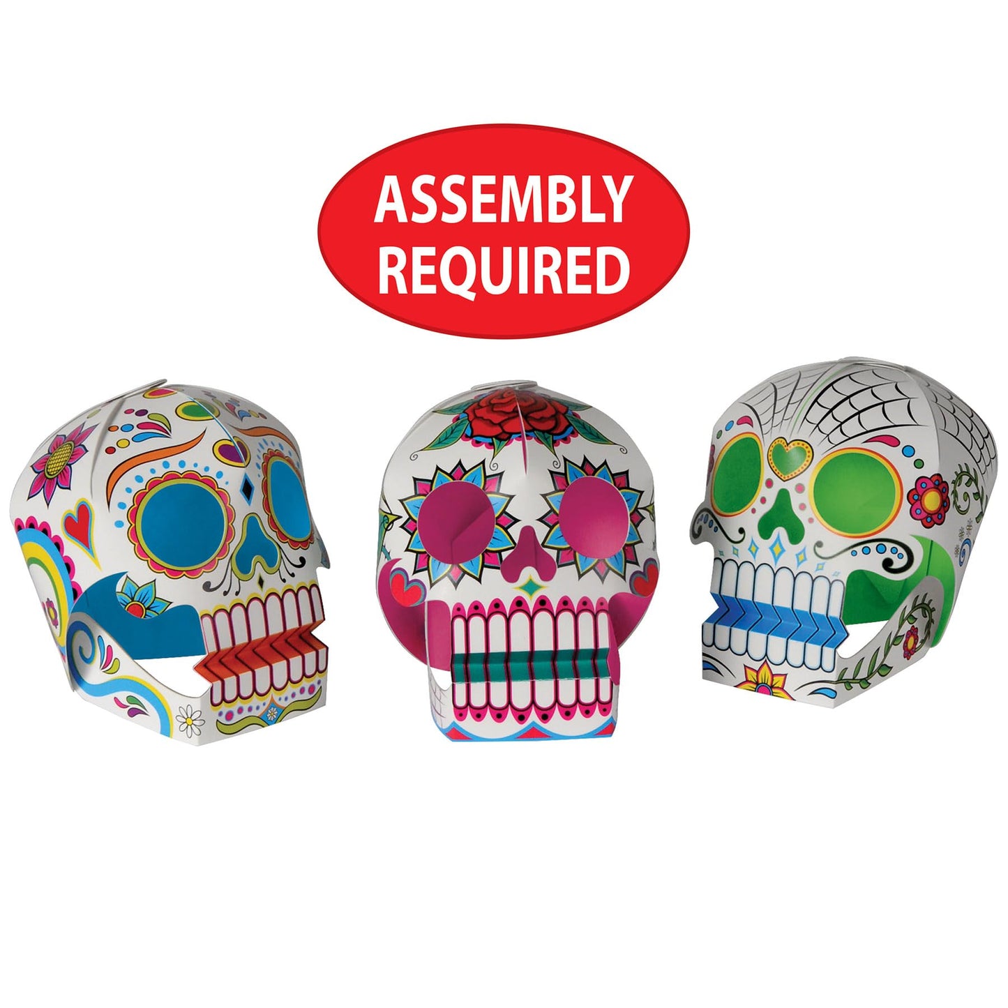 Beistle 6 Piece Three Dimensional Sugar Skull Day Of The Dead Centerpieces - Eye-Catching Dia De Los Muertos Party Decorations, Made In USA Since 1900