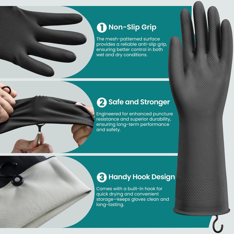 Petacffe 4 Pairs Rubber Dishwashing Gloves with Hanging Hooks - Reusable Cleaning Gloves for Kitchen & Household, Non-Slip, Durable and Flexible (Medium, 4 Colors: Black, Pink, Blue, Purple)