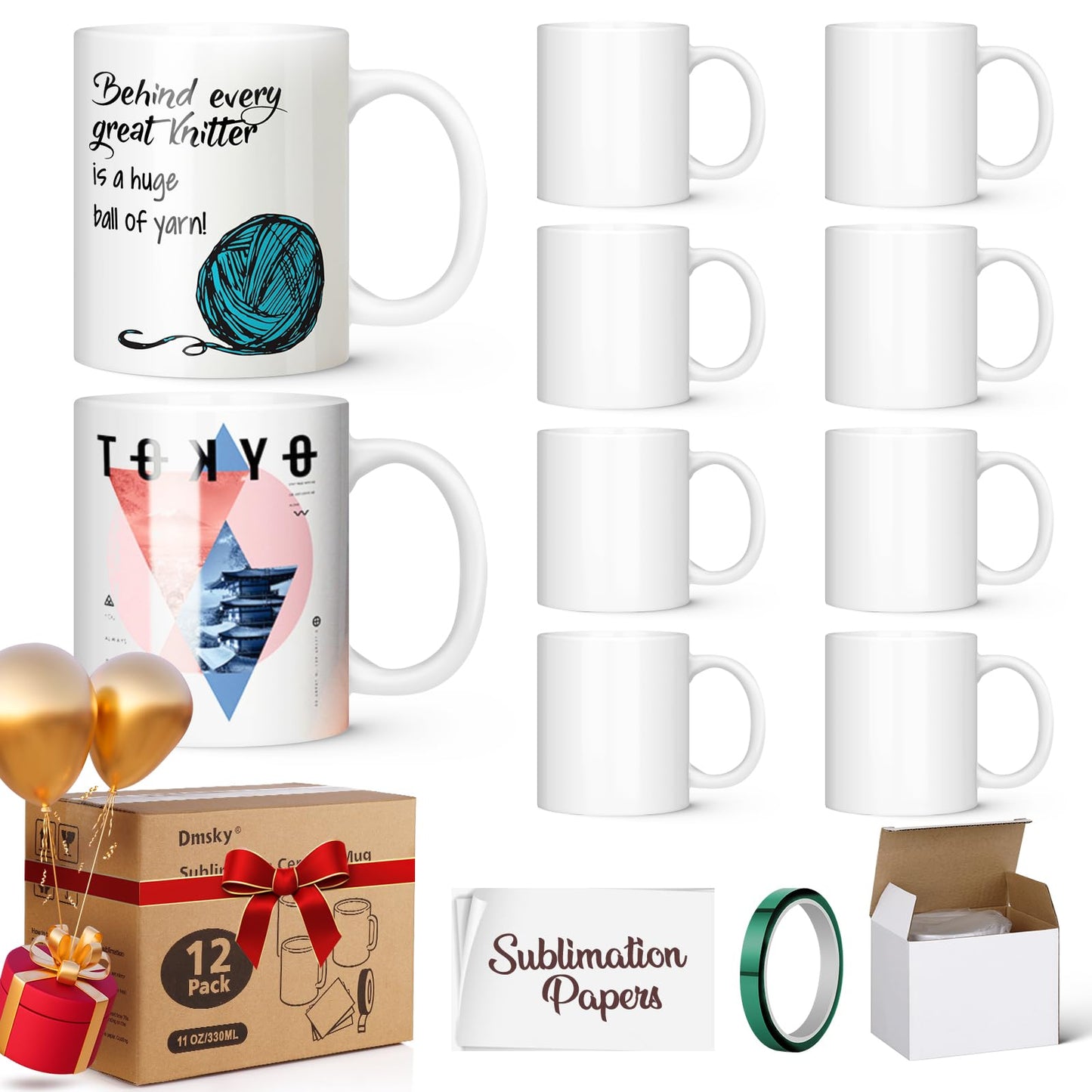 Dmsky Sublimation Coffee Mugs Tazas Para Sublimar 11 oz Blank Bulk Coffee Mug White Ceramic Photo Cups With Box, Heat Tape, sublimation paper Ideal for Crafts Printing Set of 12