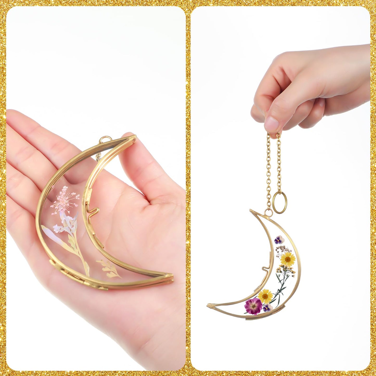 Lineshading 4 Pcs Glass Pressed Flower Frames Double Glass Moon Shaped Picture Frames Flower Brass Hanging Photo Frame for Gallery Artwork Display Wall Decor Housewarming Gifts(Gold,2.5 x 3.5 Inch)