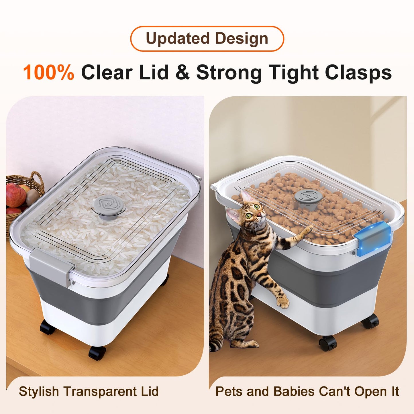Rice Storage Container, Collapsible Airtight Food Storage Containers 20-30lbs with Clear Lid and Wheels, Rice Dispenser with Scoop for Flour Cereal Pasta Grain, Cat Pet Bird Dog Food Storage Container