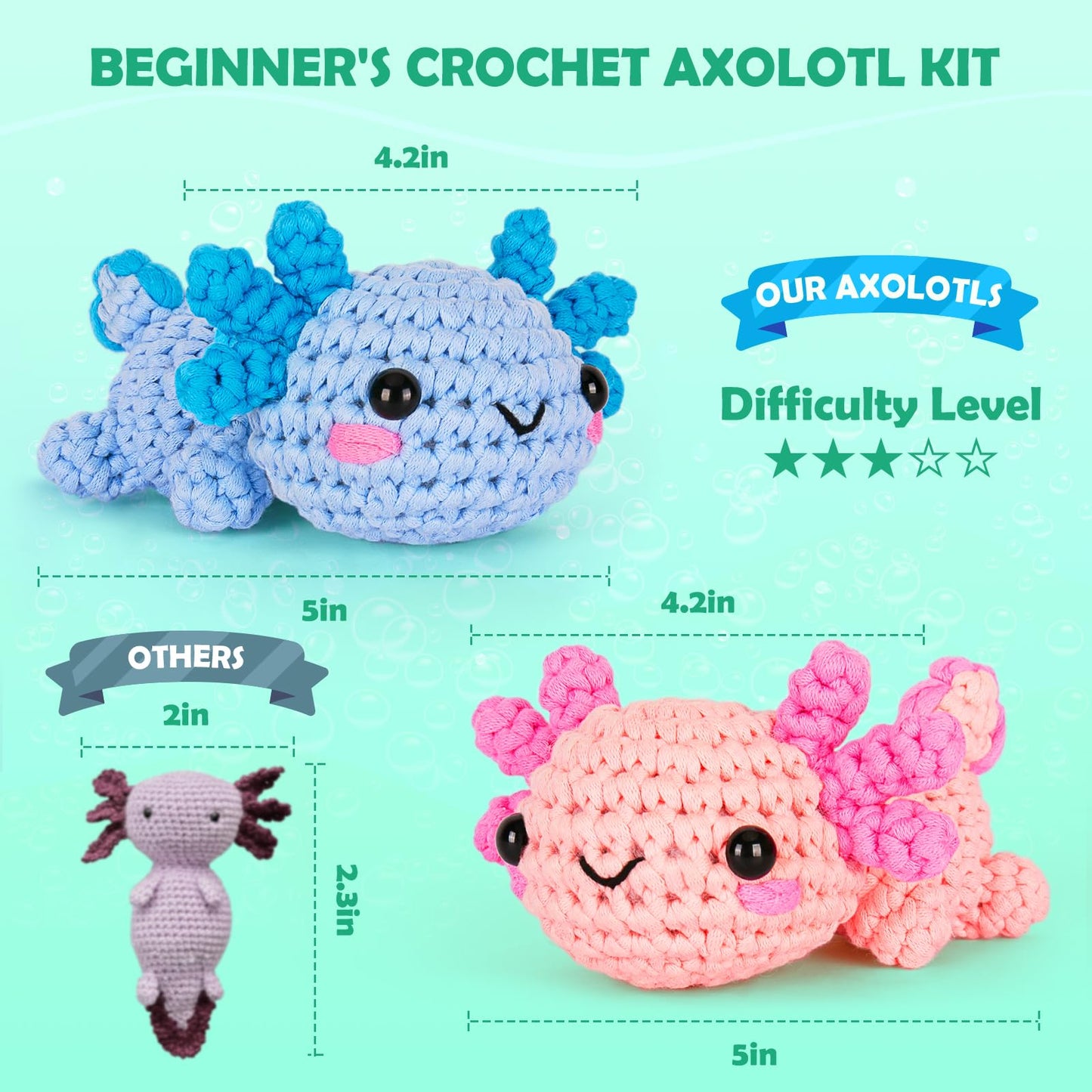 Crochetta Crochet Kit for Beginners, Beginner Crochet Starter Kit w Step-by-Step Video Tutorials, Learn to Crochet Kits for Adults Women Men, DIY Knitting Supplies, Axolotls (Blue and Pink)