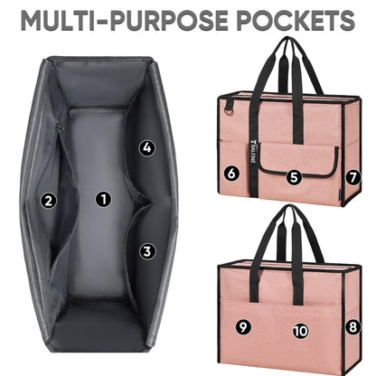 BALEINE Large Utility Tote Bag with Reinforced Bottom, Multi-Pockets and Top Zipper Closure, Perfect for Teachers, Nurses, Travel, Work - Water-Resistant (Large, Black)