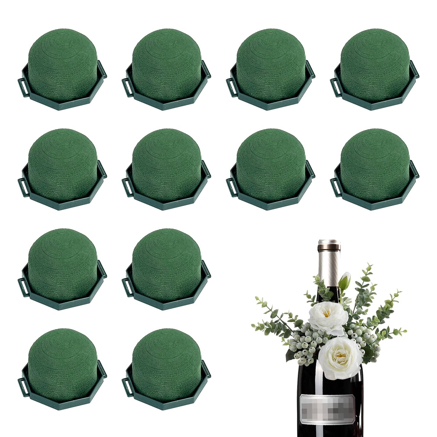 Flower Foam Holders, 12 Pcs Green Round Floral Foam with Adhesive & 38Yd Wire for Wine Bottle Arrangements, Wedding Centerpieces, DIY Fresh/Dried Artificial Flowers Decor