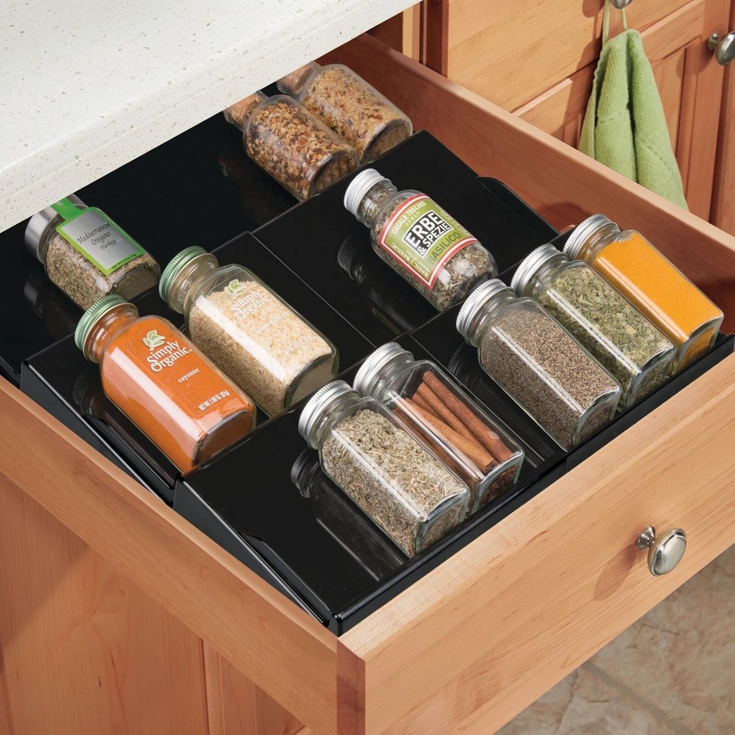 mDesign Expandable Plastic Deluxe Spice Rack, 3 Tier Slanted Drawer Organizer for Kitchen Cabinets