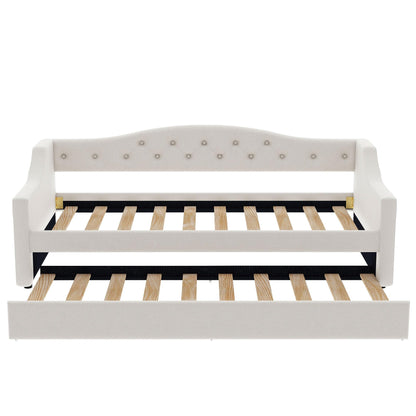 GDFStudio Twin XL Upholstered Daybed with Linen Fabric, LED Lighting Belt, Pull-Out Trundle, Sturdy Pine Wood Frame with Slats, Modern Beige Platform Bed for Users, No Box Spring Required, Beige