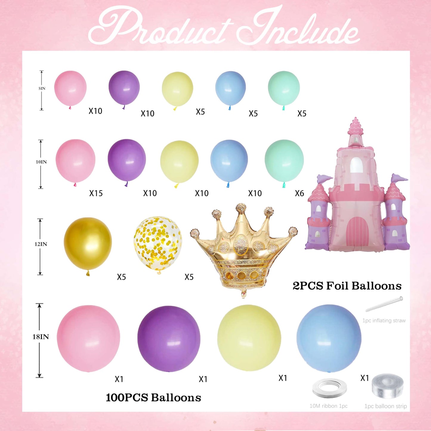 102pcs Princess Balloon Garland Arch Kit with Giant Pink Castle & Gold Crown Foil Balloons, 18/12/10/5 Inch Macaron Pastel Rainbow Latex for Girls Birthday, Fairytale Baby Shower