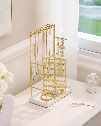 ProCase Jewelry Stand Holder Organizer, Jewelry Display Storage with Ring Tray, Rotating Earring Bracelet Necklace Holder, Valentine's Gifts Room Dorm Decor for Teen Girls -Gold (No-Assembly)